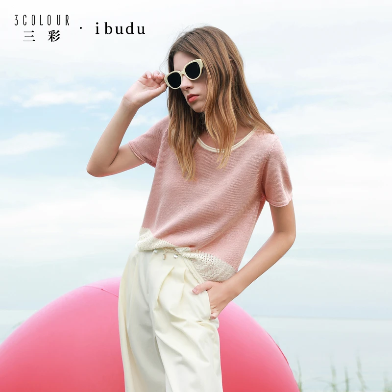 三彩ibudu2025秋季新款撞色针织衫圆领毛衫套头衫简约上衣女