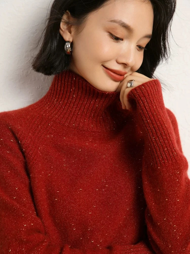 100羊毛女士长袖新款修身条纹针织时尚加厚宽松毛衣百搭