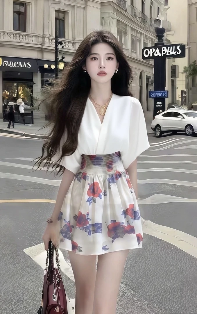 温柔纯欲千金风松弛感V领短袖收腰白色连衣裙女时尚气质高级女装