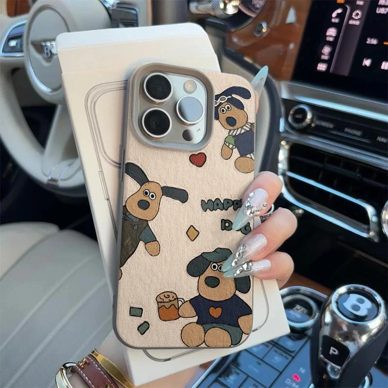 Lucky油画三只掌门狗适用iPhone16/15pro荔枝纹14苹果手机壳12套