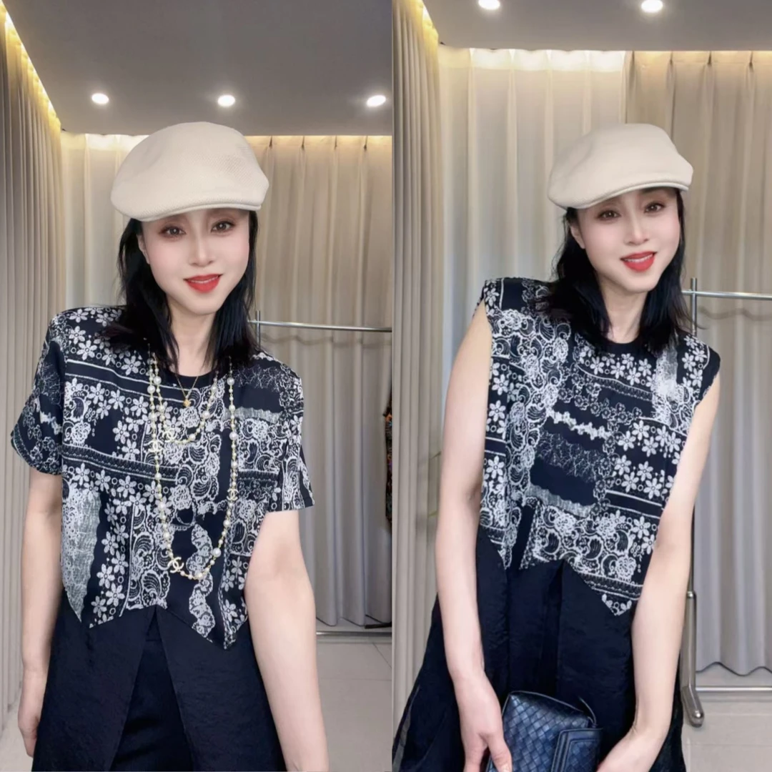 839时尚复古印花圆领T恤女夏季新款胖mm设计休闲宽松显瘦气质上衣