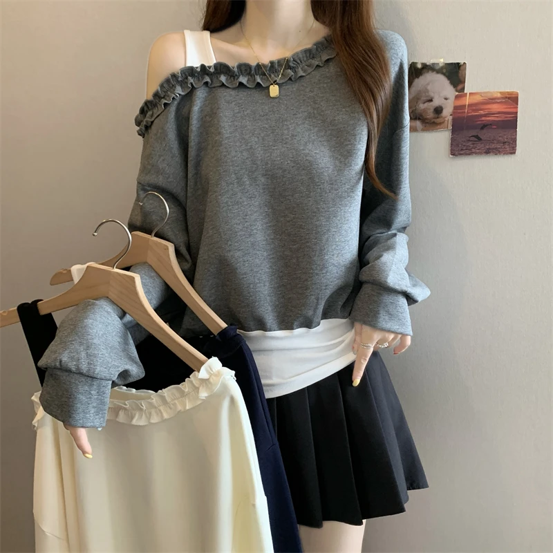 大码胖mm韩版设计感木耳边露肩撞色宽松百搭假两件卫衣女早秋新款