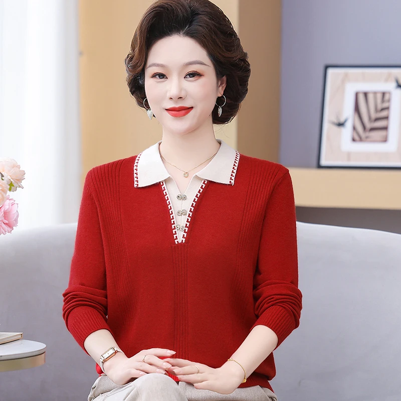 2025新款洋气妈妈秋装翻领针织上衣时尚套装中老年长袖毛衣打底衫