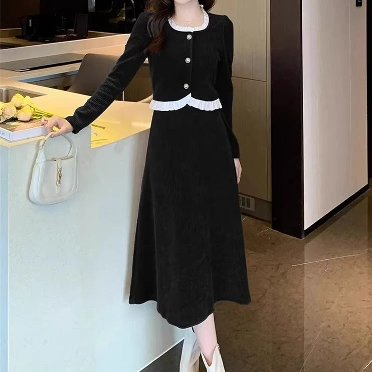 春秋季灯芯修身木耳边长袖上衣外套显瘦中长款高腰半身裙两件套女