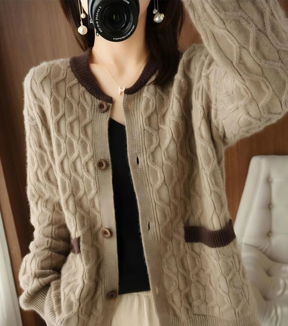 （051-100）长款V领宽松麻花针织开衫显高显瘦百搭上衣秋日复古风