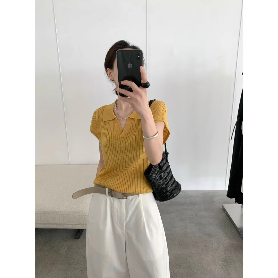 黄色polo领冰丝针织正肩短袖T恤女2025夏季新款时尚洋气显瘦上衣