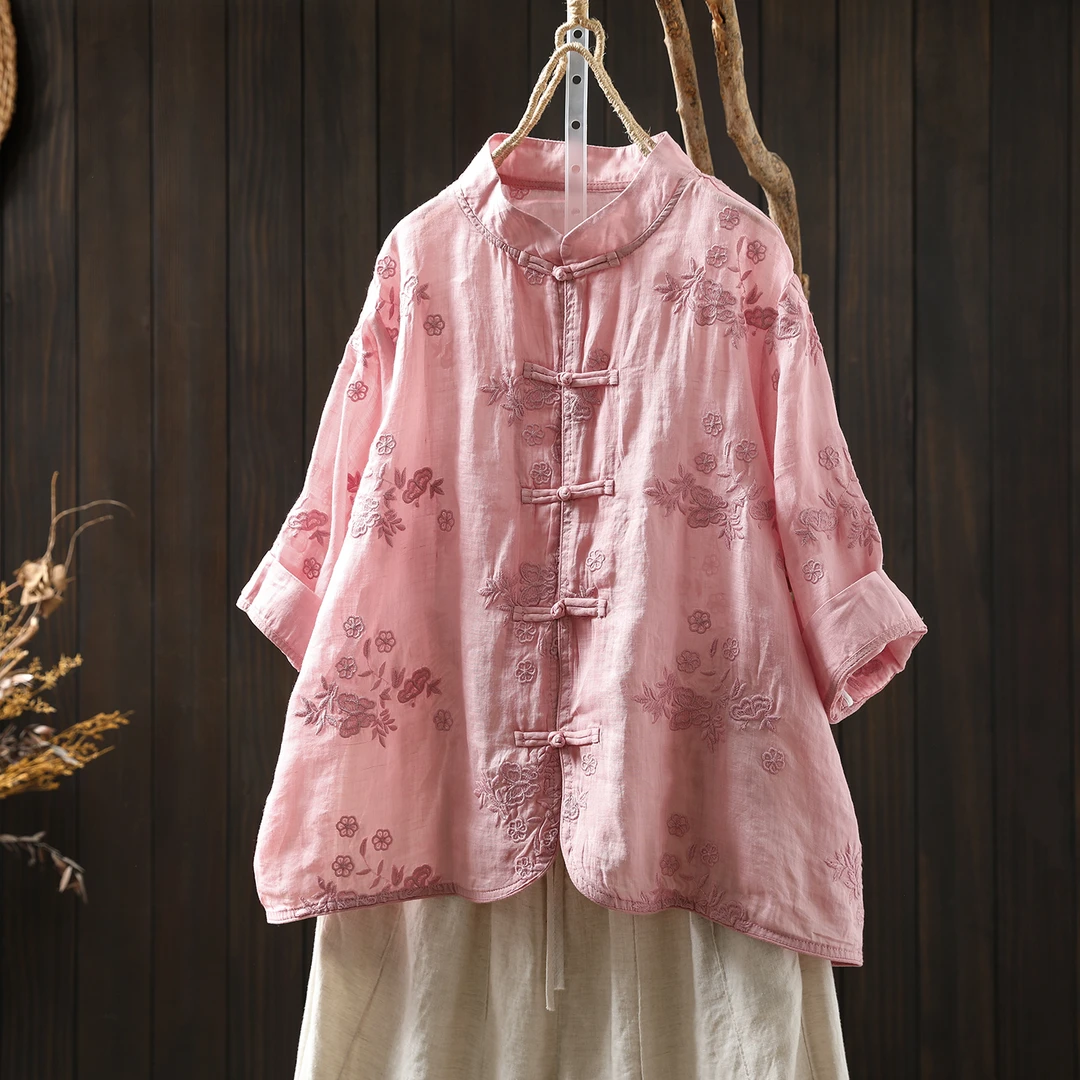 粉色苎麻刺绣盘扣七分袖衬衫女2025夏新款新中式国风复古立领上衣