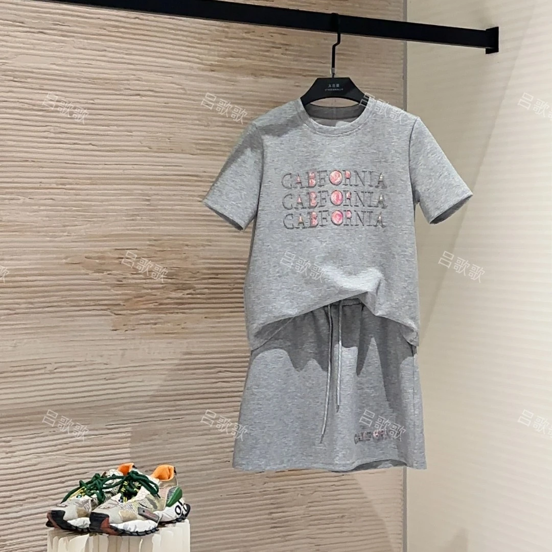 【宠粉价】夏季重工彩片刺绣字母款圆领短袖套装裙裤JC-A3653