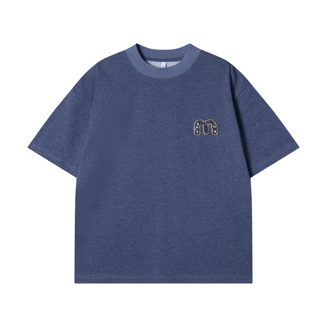 夏季高级感新款美式扎染烫钻字母圆领短袖T恤潮流宽松百搭上衣