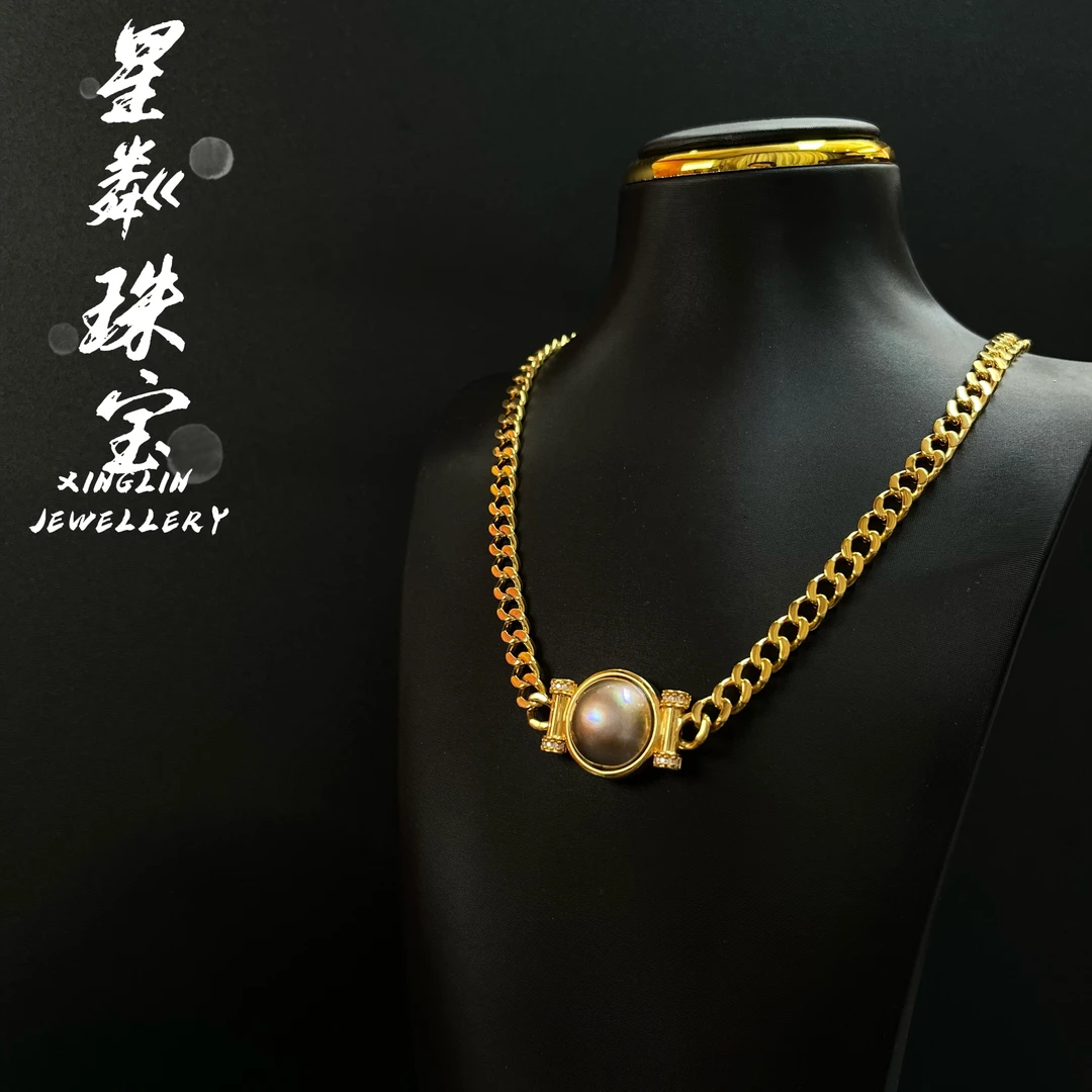 【法式马贝项链】足金999黄金5D轻奢ins风复古中古时尚潮流项链