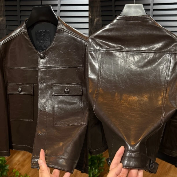 28765欧货男士无领秋季皮衣穿搭复古港风青春潮流时尚穿搭