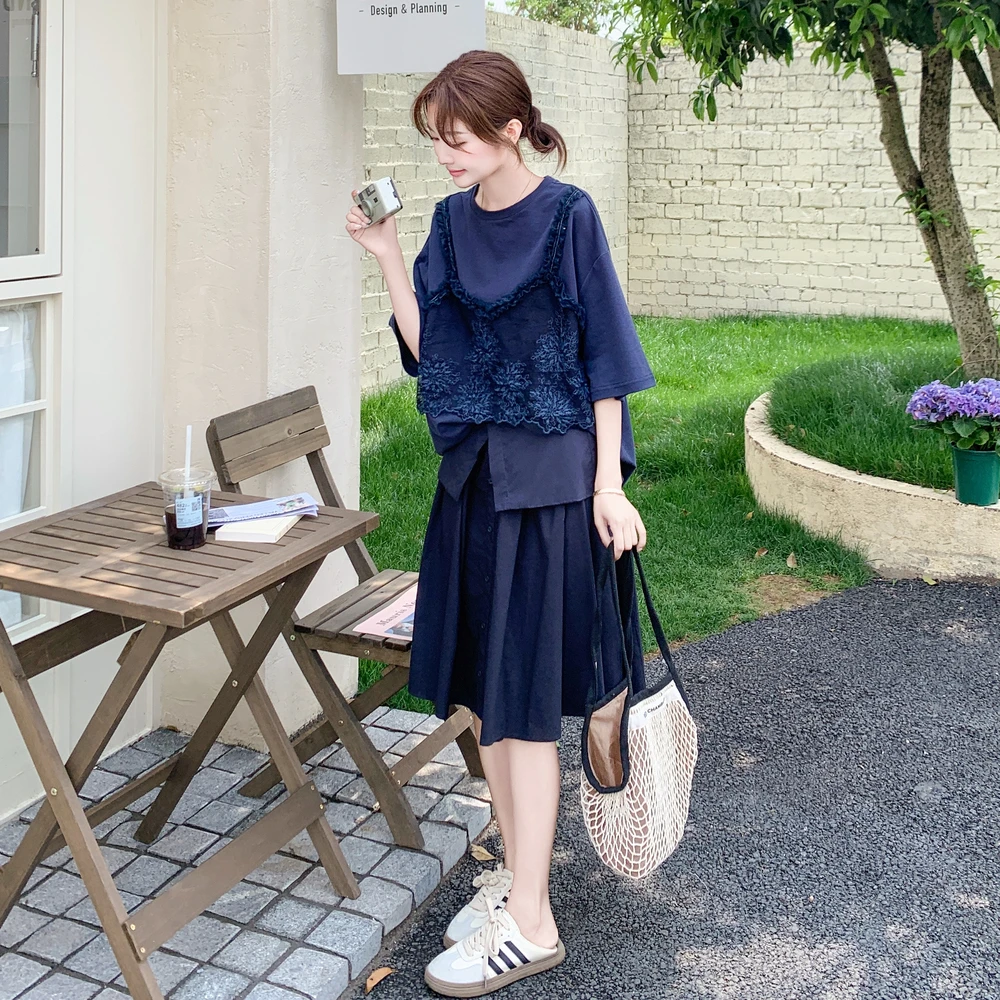 巨好看的夏天套装新款小个子吊带拼接T恤假两件上衣半身裙两件套