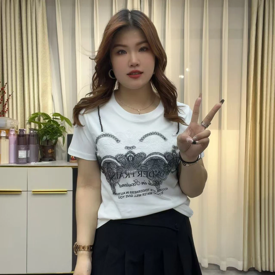 小鑫肝@现货浮力蕾丝提花拼接假两件休闲百搭T恤 2537