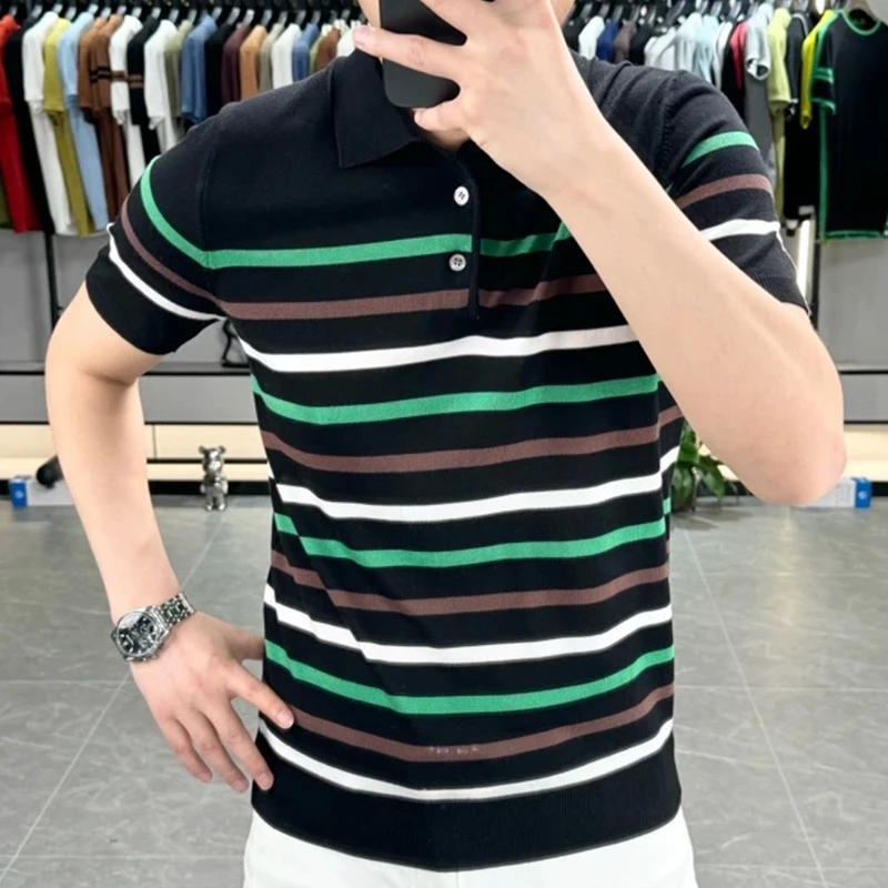 【高品质】潮牌条纹冰丝针织POLO衫男夏季短袖翻领T恤衫针织短袖男