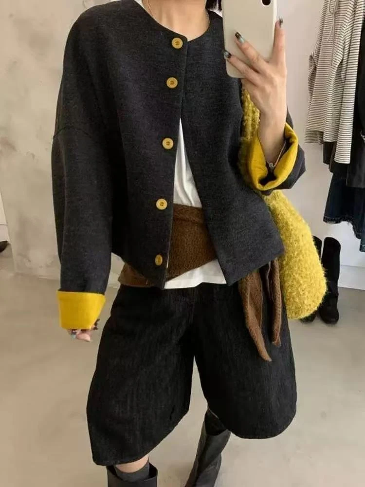 818-3752 法式拼接圆领拼色夹克短款毛呢外套