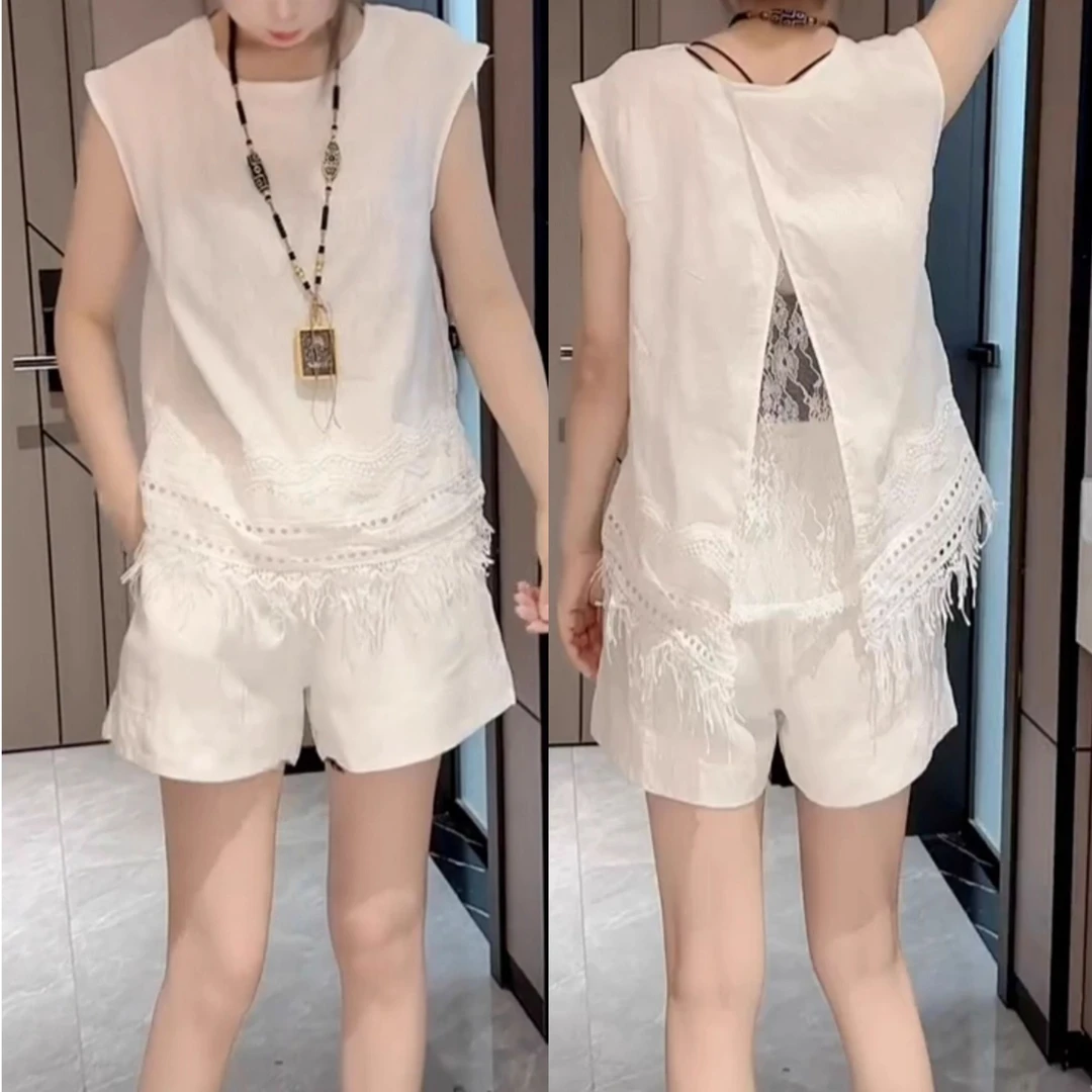 夏款新款洋气流苏套装女宽松显瘦开叉透气薄款上衣休闲短裤两件套