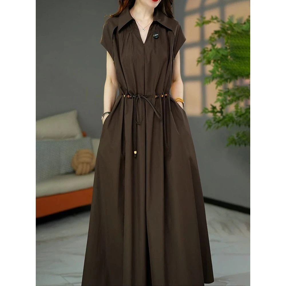 韩系极简风高级感抽绳收腰A字裙2025夏季新款时尚通勤短袖连衣裙