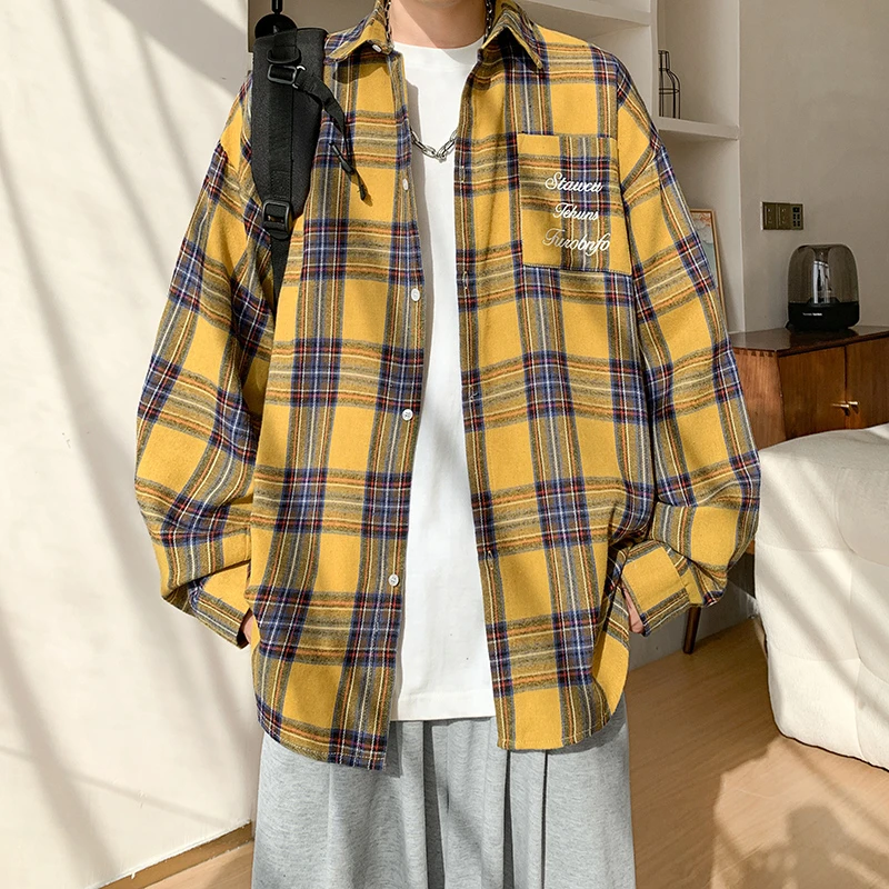 春秋季新款休闲长袖开衫衬衣青少年男款潮流复古翻领格子宽松衬衫