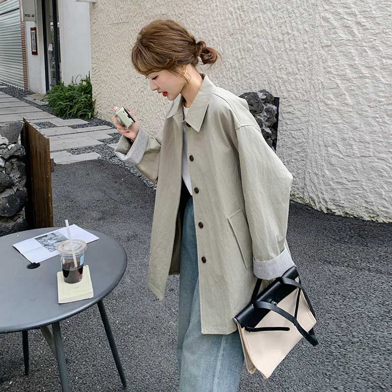 条纹拼接翻领工装风衣外套女春秋2025新款小个子美式高级感夹克潮