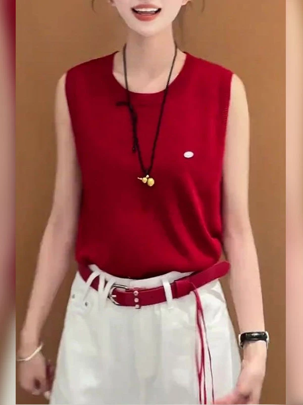 韩系简约圆领红色无袖女装2025年夏季新款时尚气质百搭修身上衣女