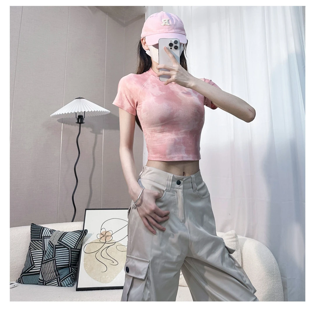 2025美式性感扎染紧身上衣女修身内搭短袖打底衫辣妹黑色工装裤