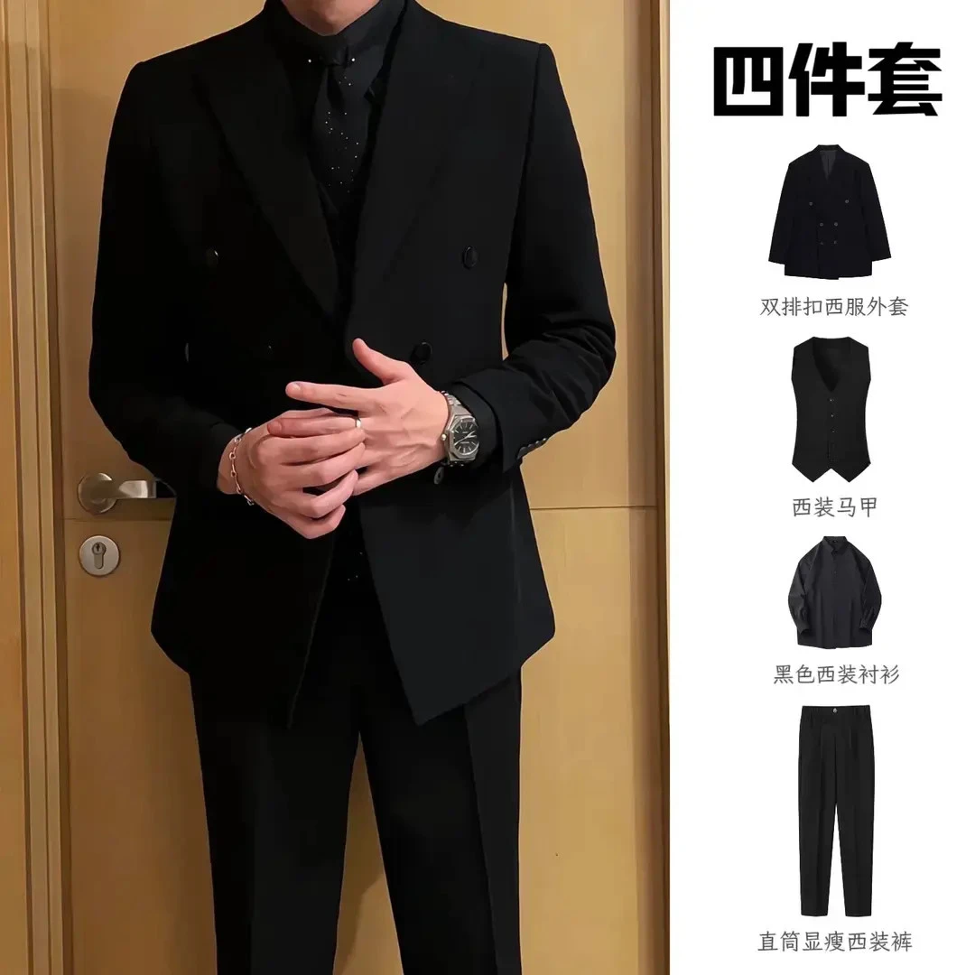 双排扣西装男套装黑色马西服男外套修身商务新郎结婚礼服套装