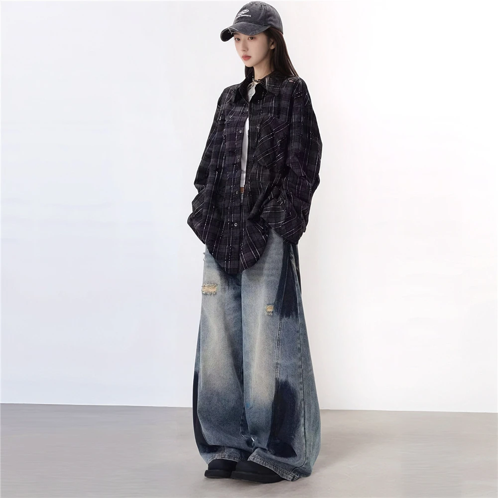 5098牛仔裤女百搭新款美式复古弯刀水洗宽松脏脏破洞牛仔长裤蓝色