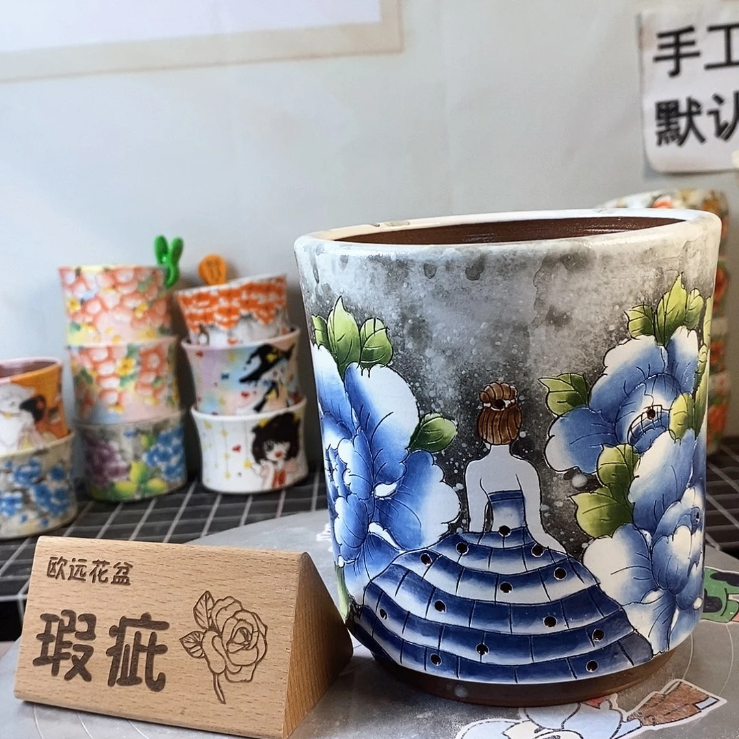 花盆紫砂红陶手绘花盆