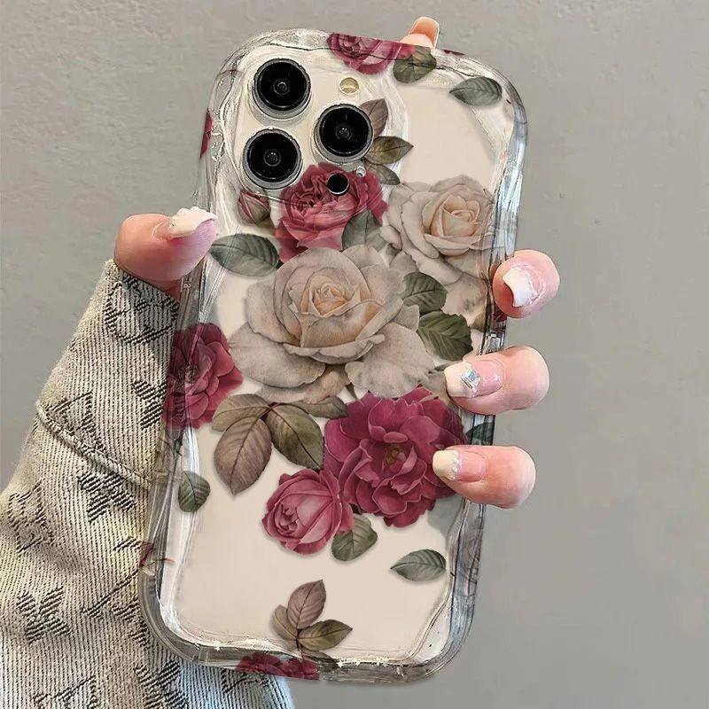 粉白玫瑰适用iPhone16promax苹果15手机壳14透明13奶油壳12/11