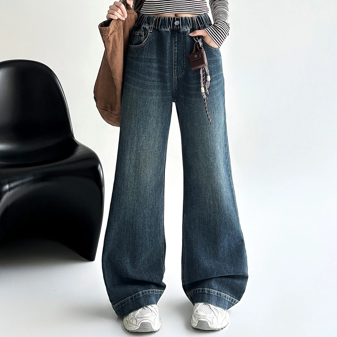 初中生春秋阔腿牛仔裤少女大童2025新款高中学生青少年高腰裤子秋