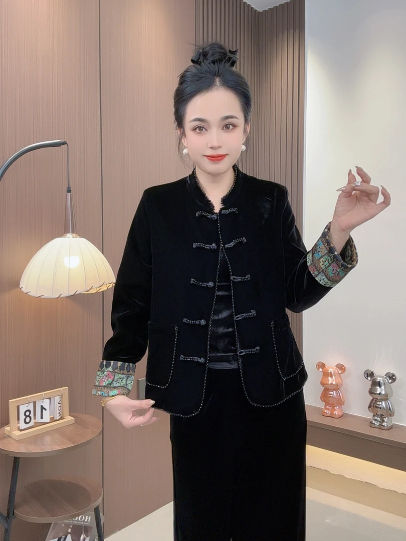 串珠盘扣设计立领直襟薄款长袖厚款单排扣上衣秋季新中式3035