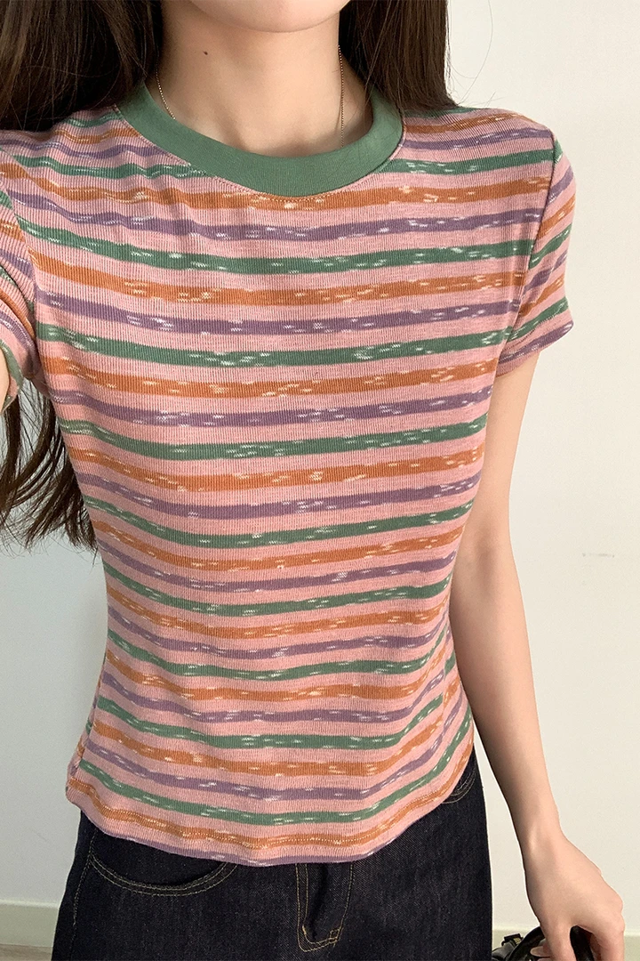 【T恤系列】多巴胺条纹 正肩显瘦弹力时尚舒适 短袖