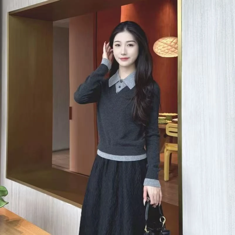 GIRDEAR/哥弟简约翻领撞色v领套头长袖针织衫 138108