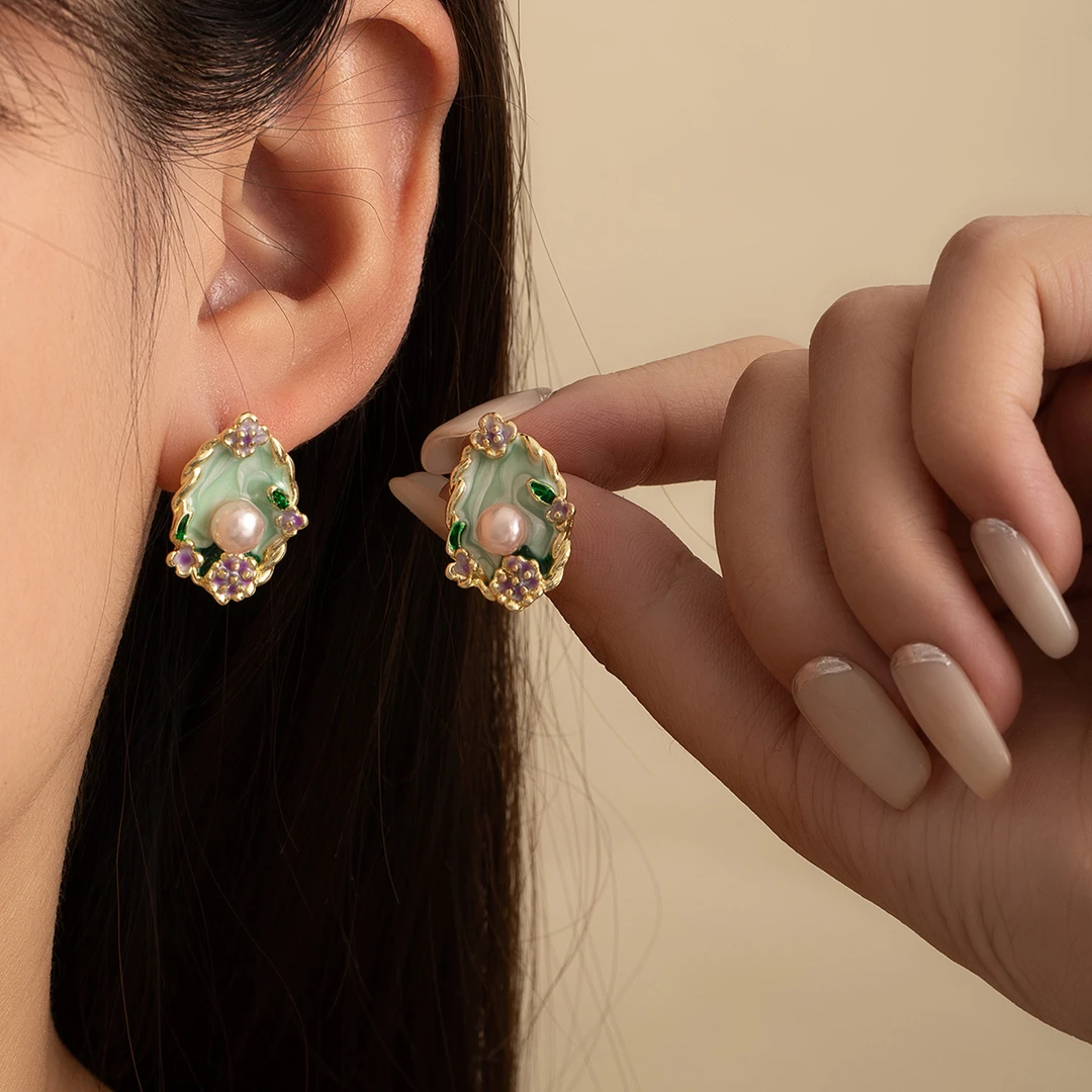 925银玻璃耳饰银针法式油画风莫奈花园耳钉复古绿色小清新耳环紫