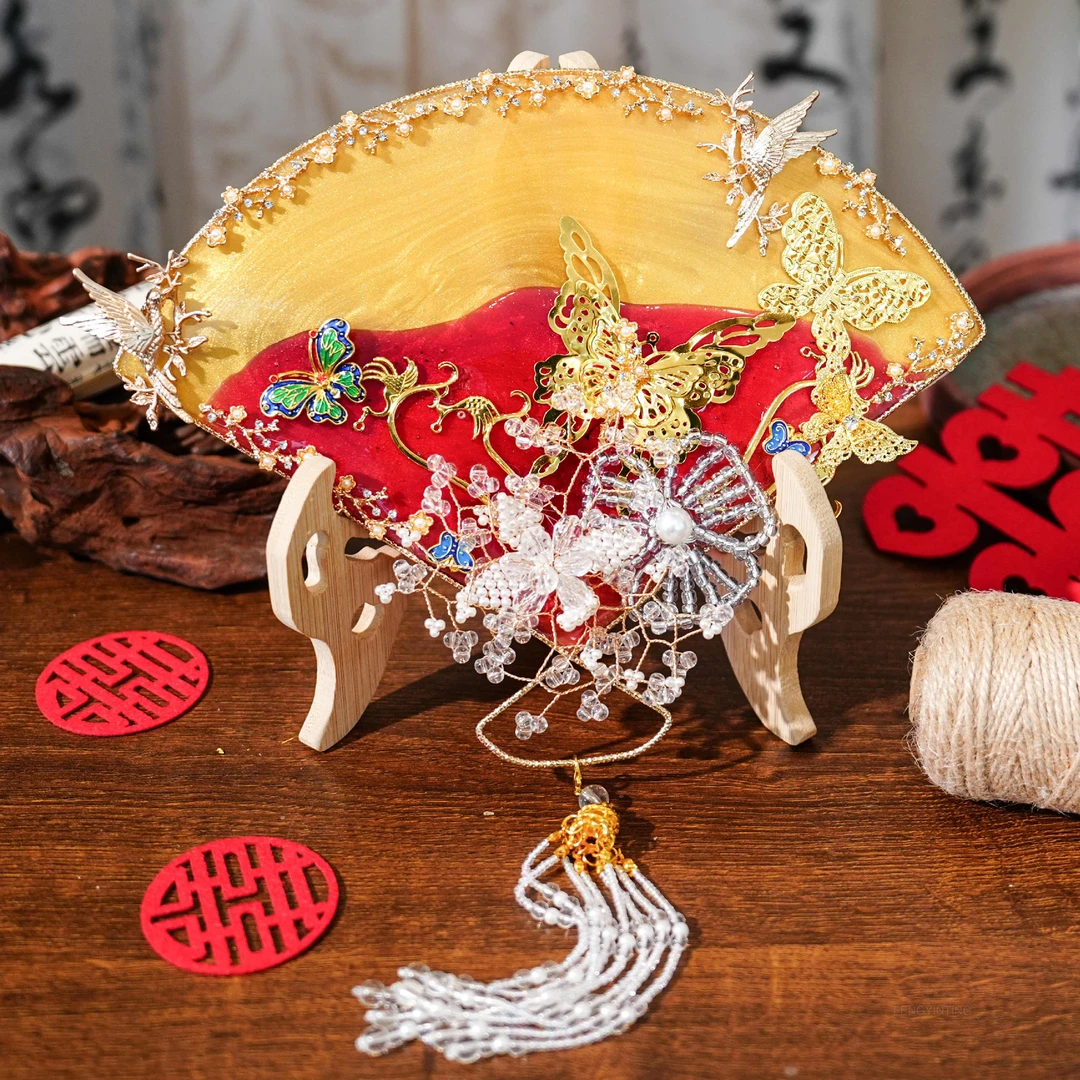 新中式古风折扇红金扇子水扇折叠便携汉服旗袍扇晨袍拍照道具