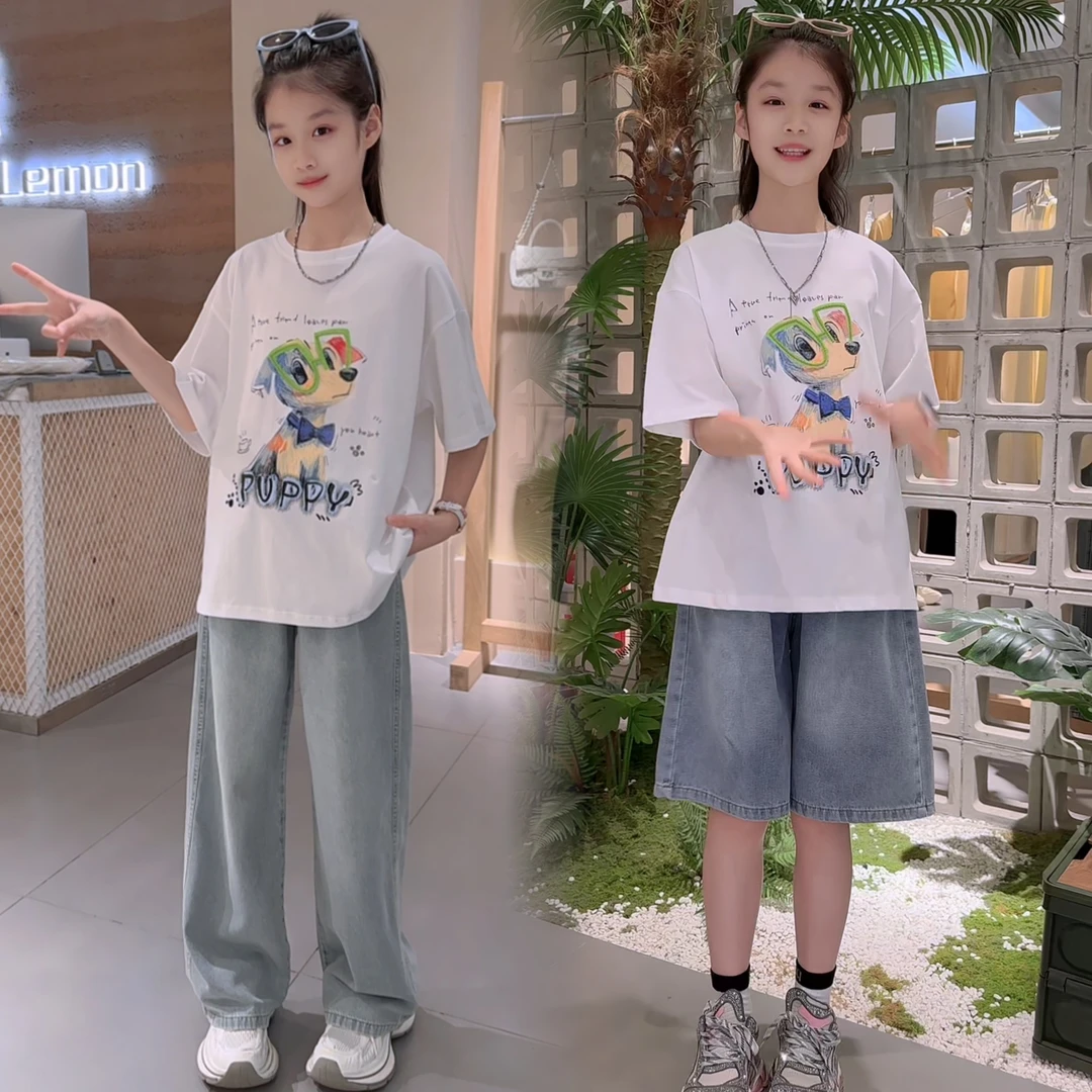 女童夏装套装2025新款大童套装儿童牛仔网红洋气时尚夏季宽松