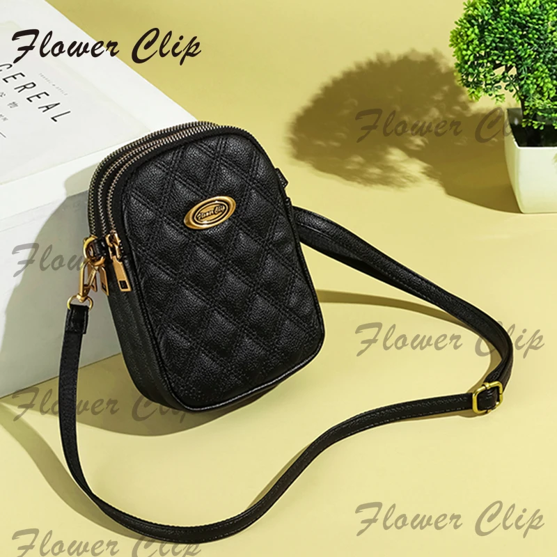 花夹子正品软皮菱格手机包女2025新款简约单肩包百搭三层斜挎包