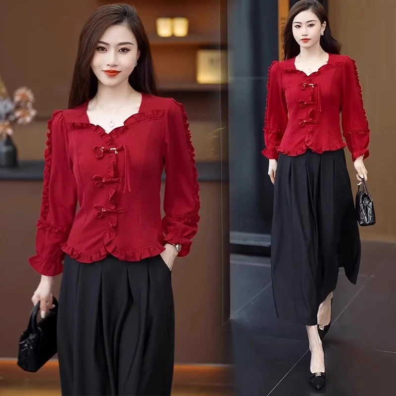La babite 2025年春夏新款衬衫女长袖新款时尚国风盘扣显瘦短上衣