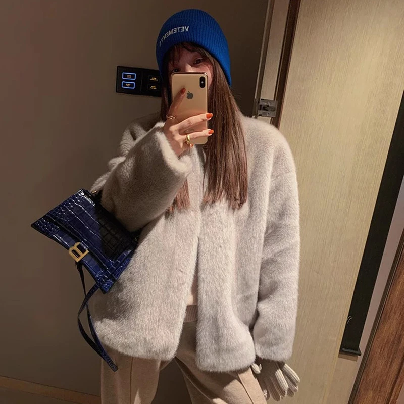 皮毛一体水貂毛毛外套女中长款冬新款时髦宽松仿皮草毛茸貂皮大衣