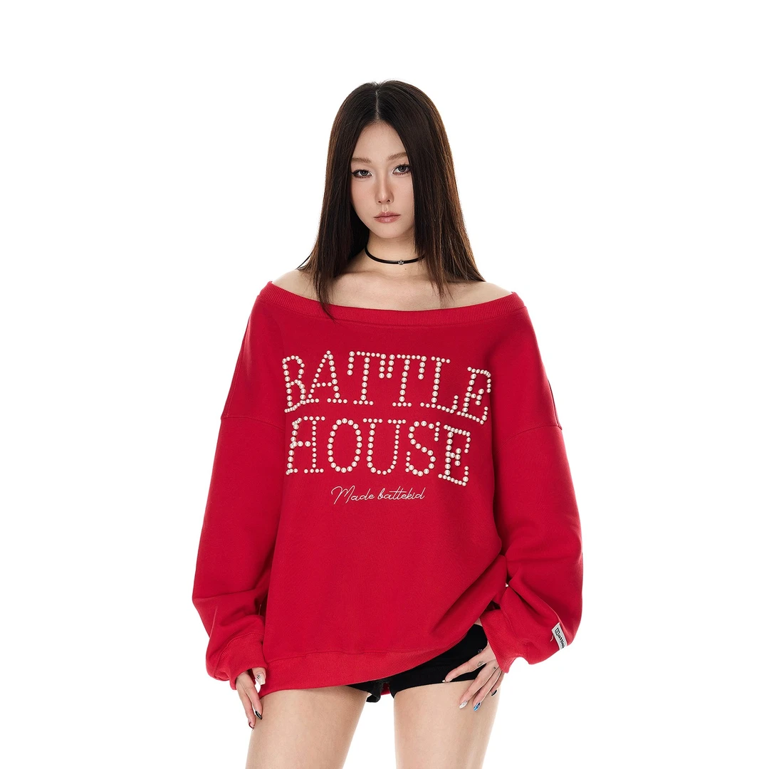 SREK原创设计字母珍珠钉珠连帽卫衣女斜肩露肩高级感潮牌情侣上衣