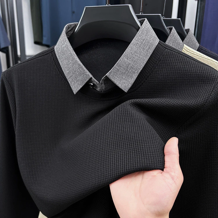 2025春季衬衫领假两件T恤衫黑色男士长袖商务休闲打底衫上衣内搭