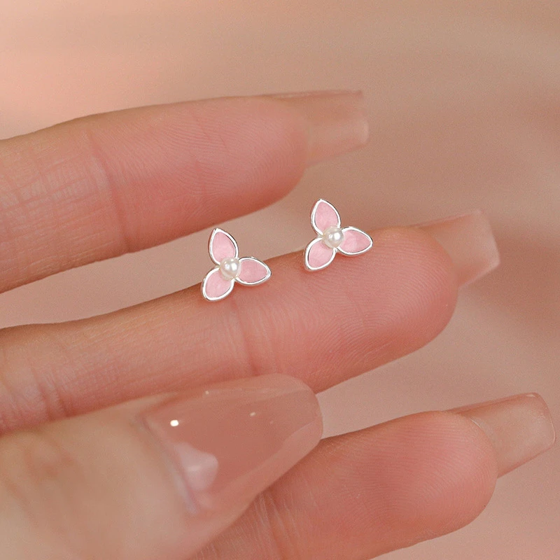 足银耳饰 S999足银粉色花朵耳钉女小众设计感耳环精致养耳