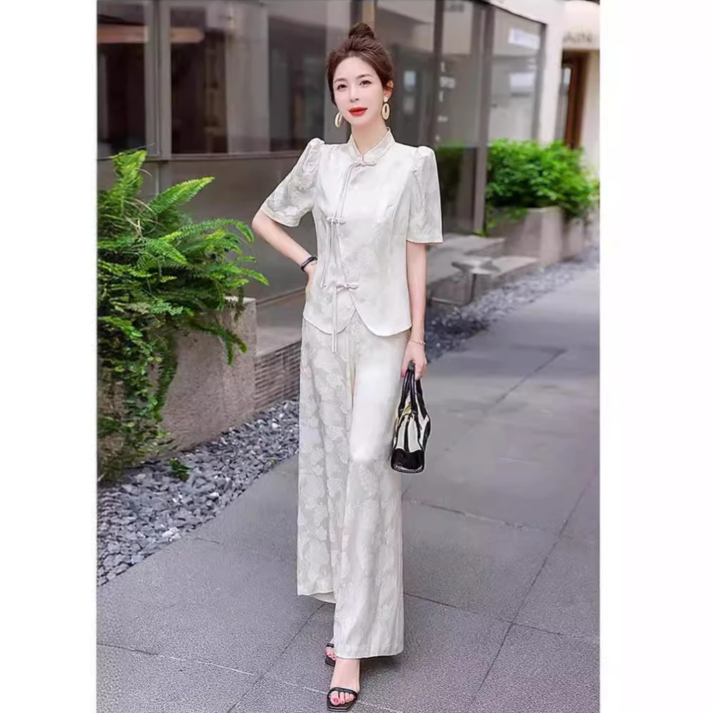 2025爆款新中式国风改良旗袍套装女2025年夏新款轻奢阔腿裤两套