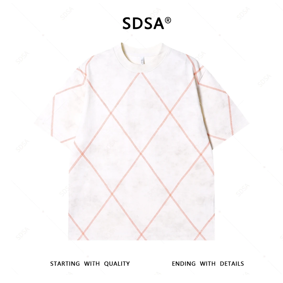 夏季高级感新款男士潮牌满天星缝线菱形设计短袖T恤气质百搭上衣