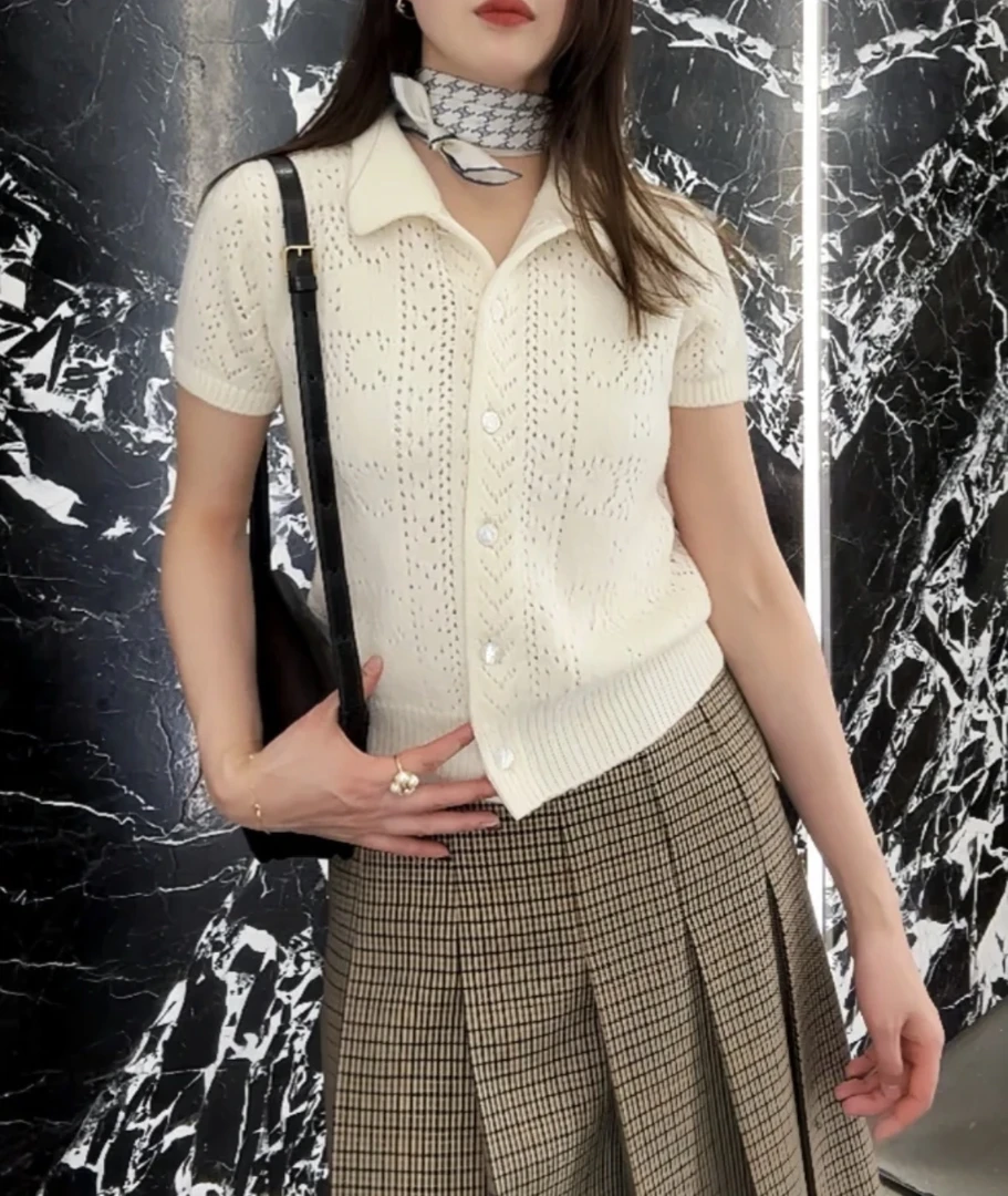 未使用 Celine/思琳  gg080  山羊绒/羊毛 25ss满印针织短袖 S码