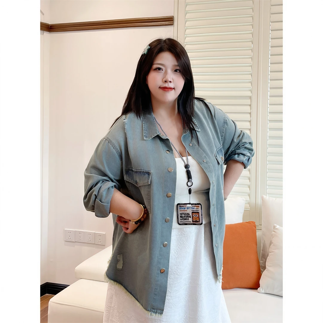 大码女装秋季花契200斤胖mm美式重磅设计师款做旧牛仔衬衫13876-Q