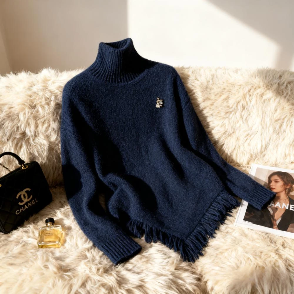 2025年冬季慵懒高级感超好看打底针织衫上衣独特漂亮蓝色高领毛衣