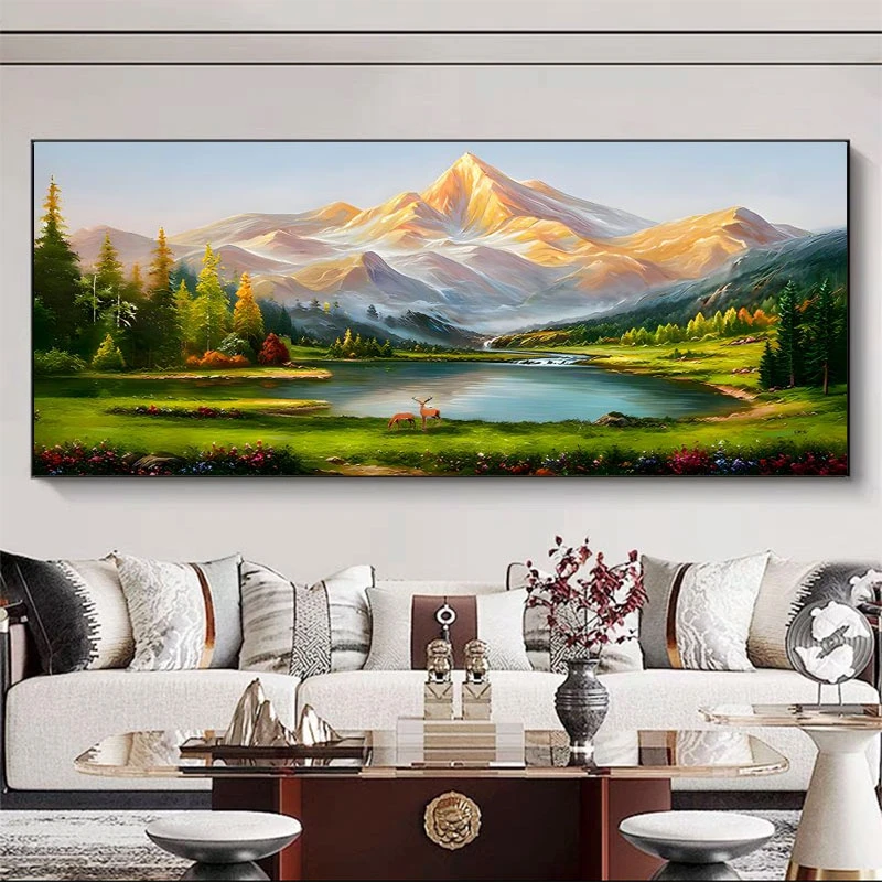 日照金山客厅沙发装饰画新办公室茶室高端大气绿水金山背景墙挂画