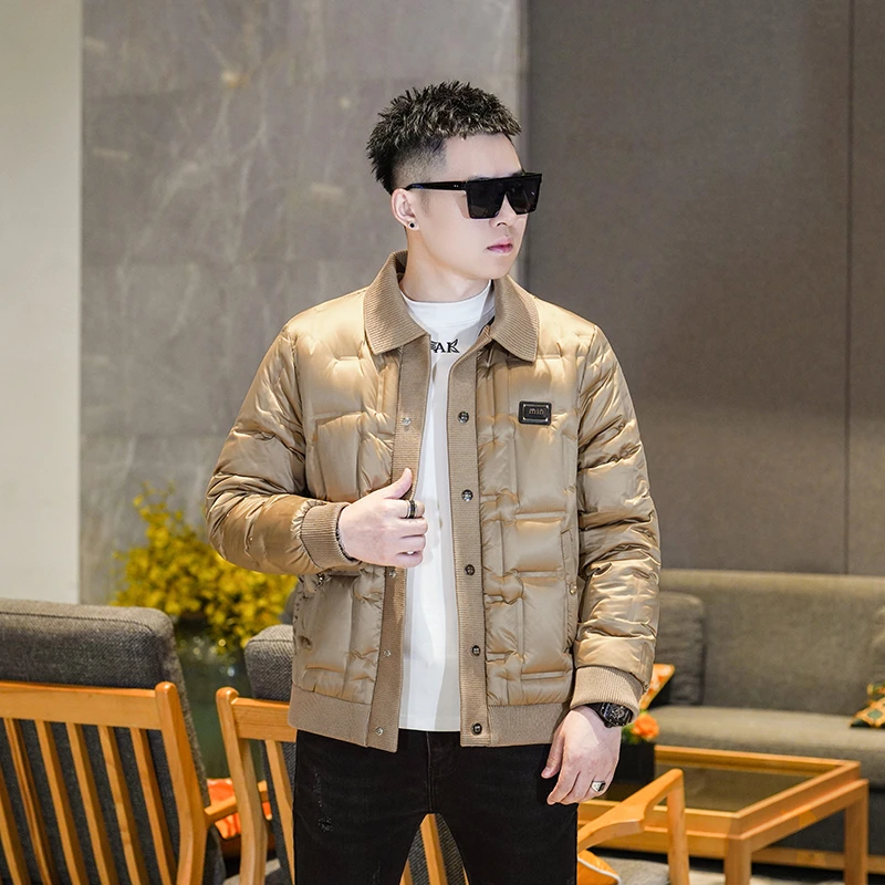 欧货潮牌白鸭绒男士羽绒服2025新款时尚针织翻领短款保暖外套冬季