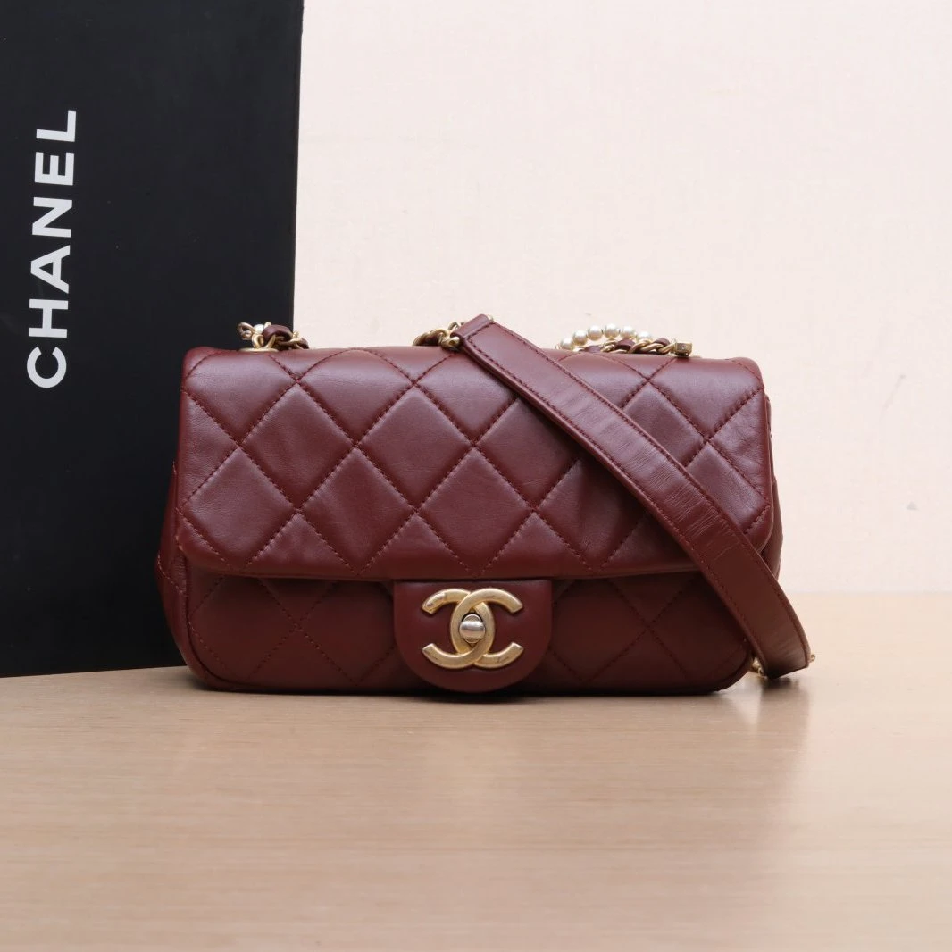 95新 Chanel/香奈儿 小花双双 口盖包 皮革C 30开 珍珠皮穿双链